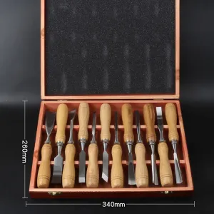 12Pcs Wood Chisel Set Cr-V Steel Blades Solid Wood Handles Sharp Beveled Edges Ideal for Carving Hardwood and Softwood