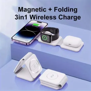 3-in-1 Magnetic Wireless Charger Foldable Design 15W Fast Charging Multi-Device Compatibility for iPhone AirPods Watch Portable Travel Charge