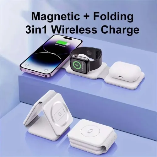 3-in-1 Magnetic Wireless Charger Foldable Design 15W Fast Charging Multi-Device Compatibility for iPhone AirPods Watch Portable Travel Charge