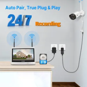 Hiseeu 8WK-12V-4HB315 5MP 8CH Wireless Security Camera System Kit with 12 inch LCD Monitor Smart Home WiFi Color Night Vision Two-Way Audio Work with Alexa EseeCloud APP Surveillance CCTV Systems