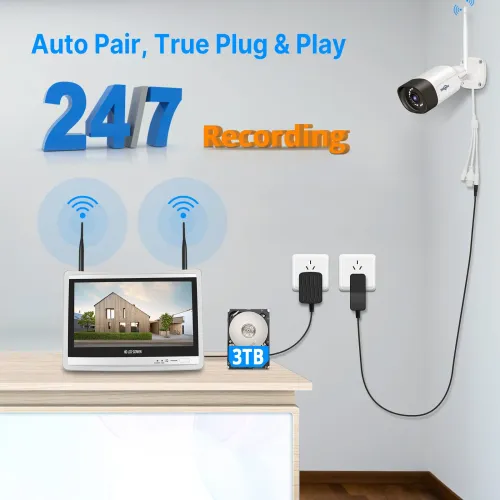 Hiseeu 8WK-12V-4HB315 5MP 8CH Wireless Security Camera System Kit with 12 inch LCD Monitor Smart Home WiFi Color Night Vision Two-Way Audio Work with Alexa EseeCloud APP Surveillance CCTV Systems