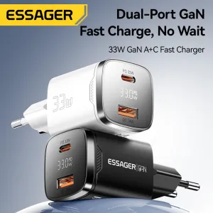 [GaN Tech] ESSAGER ES-CD45 PD33W 2-Port USB PD Charger USB-A+USB-C PD3.0 QC4.0 AFC FCP PPS iP2.4A Fast Charging Digital Display Wall Charger Adapter EU Plug for iPhone 16 16 Pro 15 14 13 Pro Max for Xiaomi 15pro for Samsung Galaxy Z Flip6