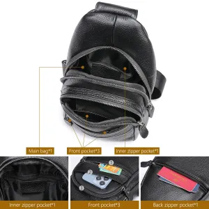 Ekphero Men Genuine Leather Chest Pack Casual Sport Sling Shoulder Backpack Fashion Crossbody Bags Black Travel Chest Bag