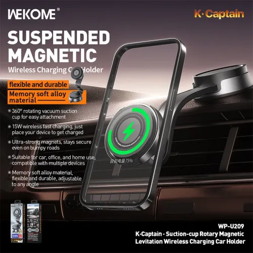 WEKOME WP-U209 Magnetic 15W Wireless Charger Mobile Phone Car Holder Suction Cup Bending Folding Car Navigation Bracket for Smart Phone for iPhone 16 15 Pro 14 13 12 for Xiaomi 15pro for Huawei Mate XT