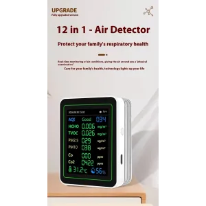NEW 12 in 1 Air Quality Monitor Formaldehyde Space Contrast Function TVOC CO CO2 PM2.5 PM10 Temperature Humidity LCD Display Rechargeable Precision Sensor Real Time Detection Compact Design ZN-MT14
