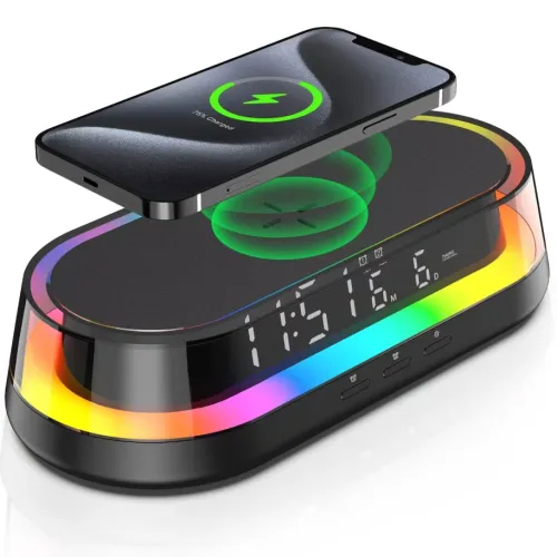 3 in 1 LED Symphony Night Lights Digital Clock Display 15W Wireless Charging Mobile Phone Holder Adjustable Brightness Bedroom Night Light