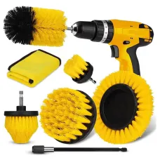 7PCS Set of Drill Brush Cleaning Set Multiple Sizes Nylon Bristles Attachments Extension Rod Compatible with All Most Electric Drill Multi Surface Cleaning Bathroom Kitchen Car Garden