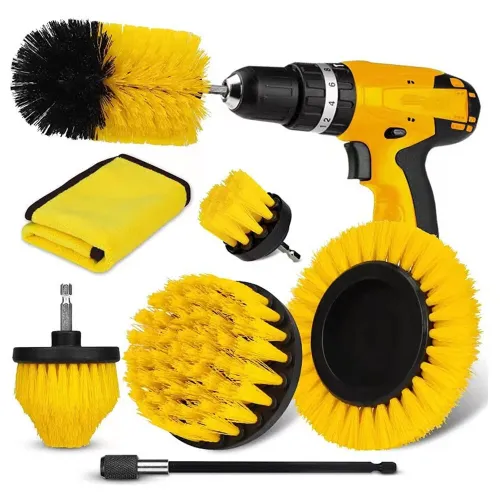 7PCS Set of Drill Brush Cleaning Set Multiple Sizes Nylon Bristles Attachments Extension Rod Compatible with All Most Electric Drill Multi Surface Cleaning Bathroom Kitchen Car Garden