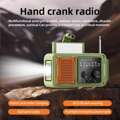 Docreate ER-64P Portable Solar Radio 7-in-1 Hand Crank Flashlight Power Bank Compass NOAA Weather Alert Emergency Charger Outdoor Essentials