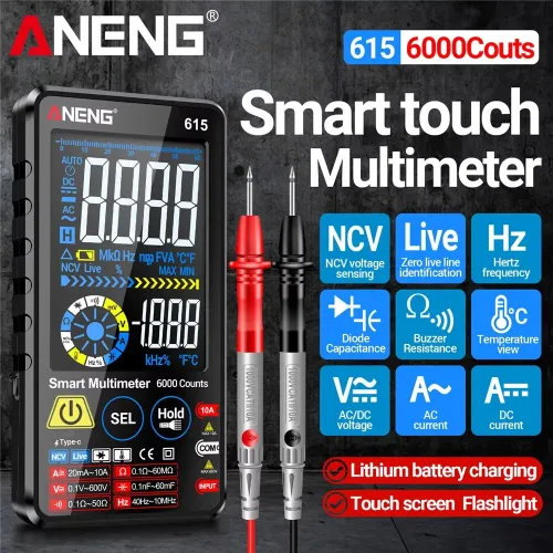 Aneng 615 Smart Multimeter 6000 Counts AC DC Voltage Current Tester Temperature View Lithium Battery Rechargeable Touchscreen High Precision Portable Electrical Measuring Device