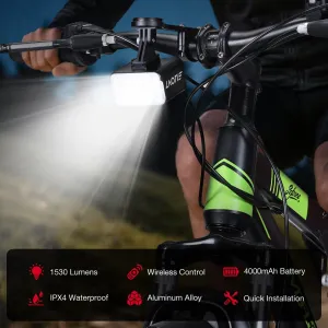 LAOTIBU08 Wireless Remote Hoisting Bicycle Headlight 1530 Lumens Lifting Front Head Lamp 4000mAh USB Rechargeable Aluminum Alloy for Road MTB Mountain Bike