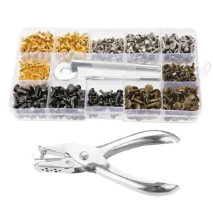 360Pcs/Set Leather Rivets Double Cap Rivet Tubular Metal Studs 1 Sizes with Punch Pliers and 3 Pieces Setting Tool Kit for Leather Craft Repairs Decoration