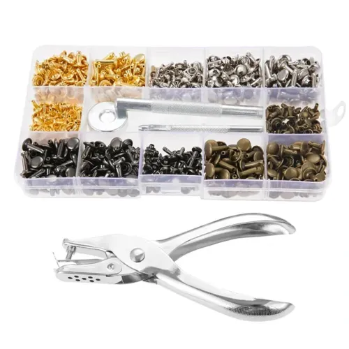 360Pcs/Set Leather Rivets Double Cap Rivet Tubular Metal Studs 1 Sizes with Punch Pliers and 3 Pieces Setting Tool Kit for Leather Craft Repairs Decoration