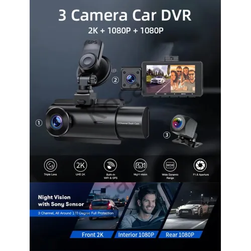 3 Channel Dash Cam Car Dash Camera With GPS WiFi IR Night Vision Camcorder