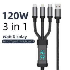 120W USB-A to iP/Type-C/Micro USB Digital Display Cable PD Fast Charging Data Transmission Tinned Copper Core Line 1.2M/2M Long for iPhone 16 15 Pro 14 13 Pro Max for Huawei Pura 80 Ultra for Xiaomi MIX Flip 2