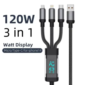 120W USB-A to iP/Type-C/Micro USB Digital Display Cable PD Fast Charging Data Transmission Tinned Copper Core Line 1.2M/2M Long for iPhone 16 15 Pro 14 13 Pro Max for Huawei Pura 80 Ultra for Xiaomi MIX Flip 2