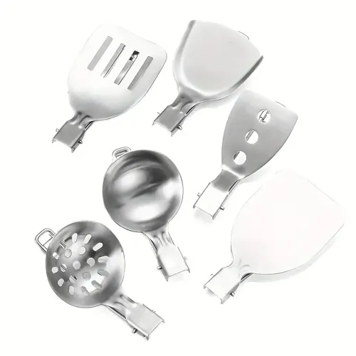 IPRee 6pcs Kitchen Accessories Multi-functional Folding Kitchenware Cookware Stainless Steel Portable Folding Soup Ladle, Perforated Spoon, Scraper, Spatula and Storage Bag
