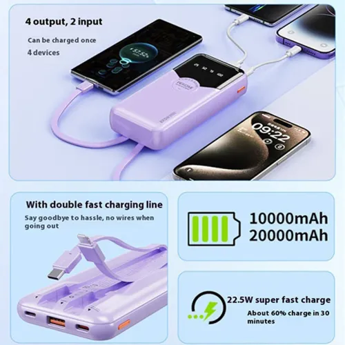 WEKOME WP-59 22.5W 10000/20000mAh LED Display Power Bank with Integrated iP/Type-C Cable External Battery Power Supply with 2 Inputs & 4 Outputs Fast Charging for iPhone 16 16 Pro 15 14 13 Pro Max for Xiaomi 15pro for Samsung Galaxy S25 Ultra