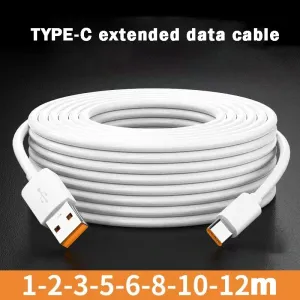 6A 66W USB-A to Type-C Extended Cable Fast Charging Data Transmission Copper Core Line 1M/2M/3M/5M/6M/8M/10M/12M Long for iPhone 15 15 Plus for Huawei Pura 70 Ultra for Xiaomi Civi4 Pro