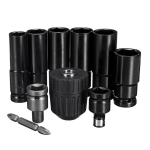 Drillpro 10pcs Air Impact Socket Wrench Set 1/2 Inch Square Drive Metric Drill Chuck Adapter