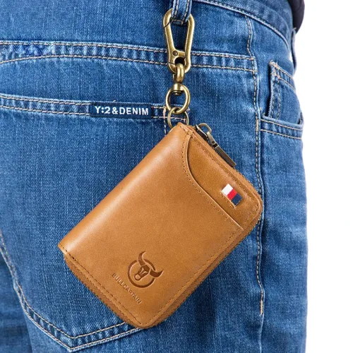 BULLCAPTAIN Genuine Leather Mens Waist-Mounted Wallet Card & Id Holders Multi-function Key Chain Holders Mini Key Bag Coin Purse Wallet Two-In-One with Gift Box