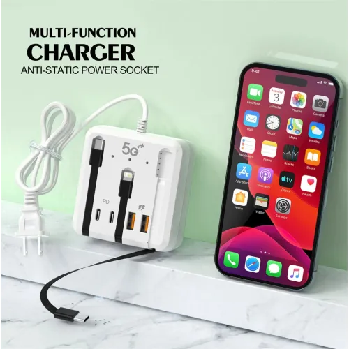 66W 4-Port USB Power Strip 2USB-A+2USB-C PD Fast Charging Desktop Charger Adapter with 3 Lines for iPhone 16 16 Pro 15 14 13 Pro Max for XIAOMI for SAMSUNG HUAWEI