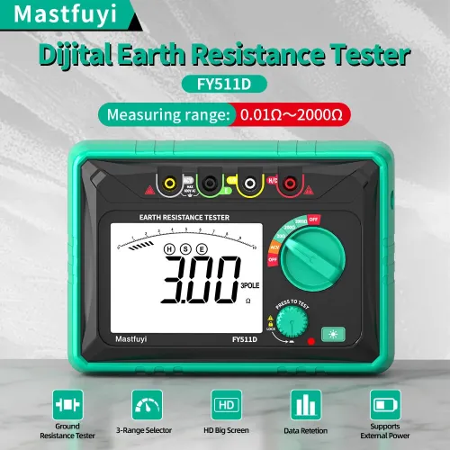 FY511D Earth Resistance Tester 0~2k Range 600V Voltage Measurement High Accuracy LCD Backlit Screen Grounding Rods Portable Electric Testing Equipment