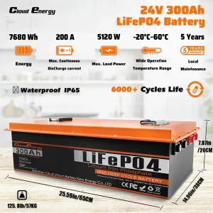 UDirect Cloudenergy 24V 300Ah LiFePO4 Battery Pack Backup Power 7680Wh 2560W Energy 6000+ Cycles Built-in 200A BMSupport in Series/Parallel, Perfect for Replacing Most of Backup Power, RV, Boats, Solar, Trolling motor, Off-Grid CL24-300