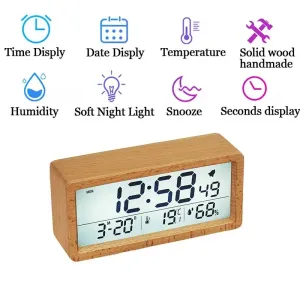 LED Wooden Digital Alarm Clock Multifunctional Large Screen Date Temperature Humidity Backlight 12/24 Hour Snooze Table Clock