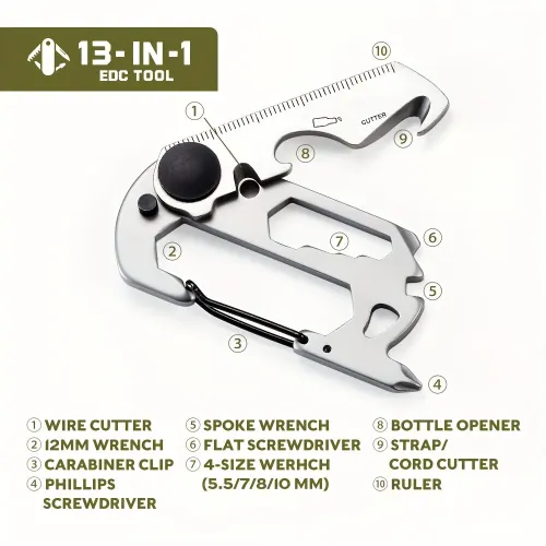 IPRee 9in1 13in1 Mini Multifunction Wrench & Bottle Opener Compact Card Tool Stainless Steel Climbing Carabiner EDKeychain Gear Rope Cutter Camping Hiking Outdoor Tools