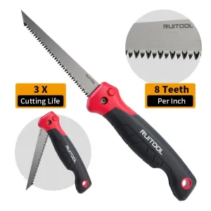 Folding Jab Saw 6 Inch 3 Edged Tooth 8 TPI Drywall Cutter Compact Keyhole Saw Non Slip Grip Manganese Steel Blade for Precise Drywall Wood Wallboard Cutting Manual Hand Tool