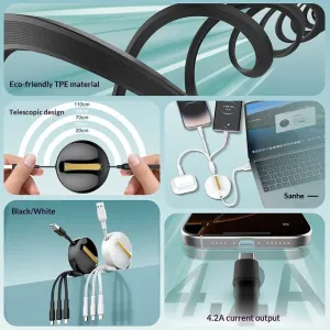 LDNIO LC90A 4.2A USB-A to Type-C/iP/Micro USB Retractable Cable Fast Charging Data Transmission Copper Core Line 1.1M Long for iPhone 17 17 Pro 16 Pro Max 15 14 13 for Xiaomi 17pro for Samsung Galaxy S25 Ultra for XIAOMI for OPPO