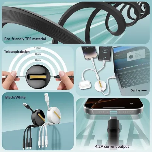 LDNIO LC90A 4.2A USB-A to Type-C/iP/Micro USB Retractable Cable Fast Charging Data Transmission Copper Core Line 1.1M Long for iPhone 17 17 Pro 16 Pro Max 15 14 13 for Xiaomi 17pro for Samsung Galaxy S25 Ultra for XIAOMI for OPPO