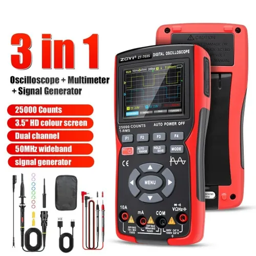 ZOYI 703S 3-in-1 Dual Channel 50MHZ Bandwidth Handheld Oscilloscope Multimeter Generator 280MSa/s High Sampling Professional Oscilloscope 25000 Count Digital Multimeter