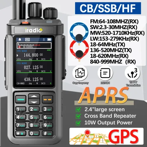 Iradio UV-98 PLUS GPS Version 10W Walkie Talkie APRS Multi Band Radio 2.4 Inch Screen Cross Band Repeater 1024 Channels Type-C Charging CB SSB HF FM SW MW LW Walkie Talkie