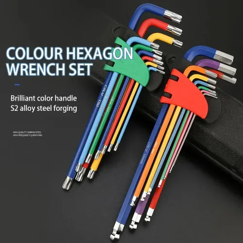 9pcs/Set S2 Alloy Steel L-Shaped Wrench Set 90 Bend CR-V BALL HEAD & M WORD Type Anti-corrosion Color Coded
