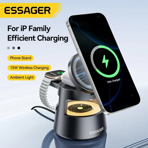 ESSAGER OJD-132 15W 4-in-1 Desktop Wireless Charger Fast Wireless Charging Station with Night Light Function for Smart Phones for iPhone 17 17Pro 16 15 14 Pro Max for Huawei Mate XTs for Xiaomi 17pro for Apple Watch for Airpods