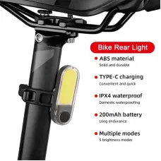 BIKIGHBike Taillight 200mAh Battery 5 Light Modes Type-Rechargeable Waterproof Bicycle Rear Light for Outdoor Cycling