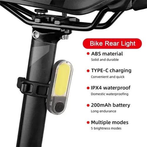 BIKIGHBike Taillight 200mAh Battery 5 Light Modes Type-Rechargeable Waterproof Bicycle Rear Light for Outdoor Cycling