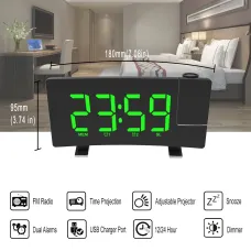 AGSIVO 8 Inch Projection Alarm Clock with 180 Rotatable Projector / FM Radio / Snooze / 3-Level Brightness Dimmer / Curved Clear LED Display / USB Charger For Bedroom Living Room