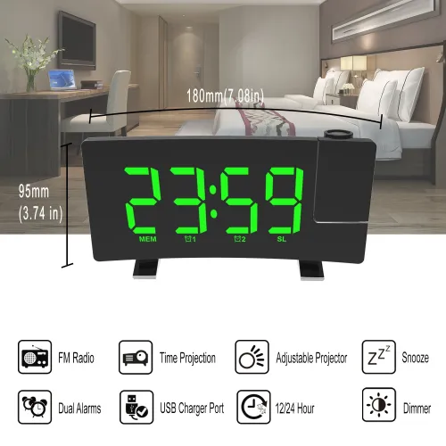 AGSIVO 8 Inch Projection Alarm Clock with 180 Rotatable Projector / FM Radio / Snooze / 3-Level Brightness Dimmer / Curved Clear LED Display / USB Charger For Bedroom Living Room