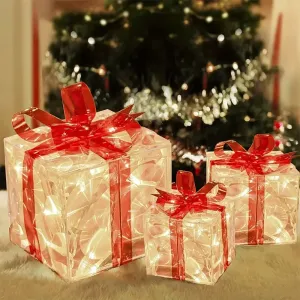 3 Sets Of Christmas Transparent Warm Light With Red Bow Christmas Gift Box LED Decorative Lights Warm Light for Christmas Tree Decorations