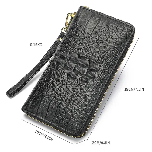 Ekphero Genuine Leather Crocodile Texture Wallet Unisex Long Business Handheld Bag Zipper Card Holder Fashion Cowhide Money Clip Purse