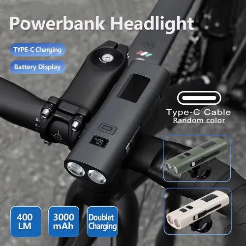 BIKIGH400LM 3000mAh Type-Charging Bicycle Headlight 3 Gears COB Side Light Battery Level Display Waterproof Power Bank Front Bike Light for Night Riding