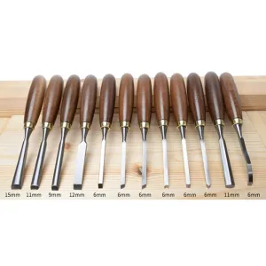 MYTEC 12pcs Wood Carving Chisel Set Walnut Handle 65Mn High Carbon Steel Sharp Blade Professional Woodworking Carving Tools