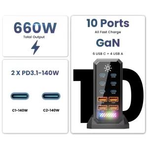[GaN Tech] 660W 10-Port USB PD Charger 6USB-C+4USB-A QC 140W PD 3.1 Fast Charging Desktop Charging Station for iPhone 16 16 Pro 15 14 13 Pro Max for MacBook Pro for Airpods for Apple Watch  for iPad
