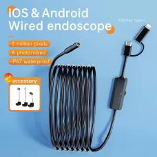 2 in 1 IOS Android 8mm Wired Industrial Endoscope Smartphone Camera 1m/2m/5m/10m Type-C HD 960P Wired  Pipe Inspection Borescope IP67 Waterproof Soft Cord