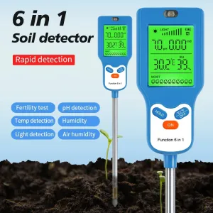 6 in 1 Soil Meter PH Tester LCD Display Light Fertility Temperature Moisture Humidity Analyzer Gardening Tool Battery Powered Eco-Friendly