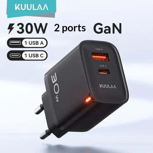 [GaN Tech] KUULAA KL-CD116 PD30W 2-Port USB PD Charger USB-A+USB-C PD Fast Charging Wall Charger Adapter EU Plug for iPhone 17 17Pro 16 Pro Max 15 14 13 for Xiaomi 17pro for Huawei Mate XTs for OPPO for VIVO