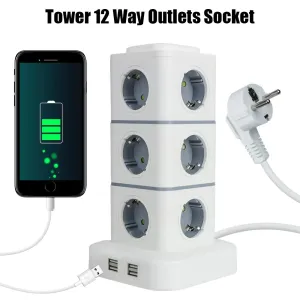 2500W Tower 12-way Outlets EU Socket with 4 USB Multi Power Strip with 2.8M Extension Cord Built-in LED Light Switch Overload Protector 250V 10A